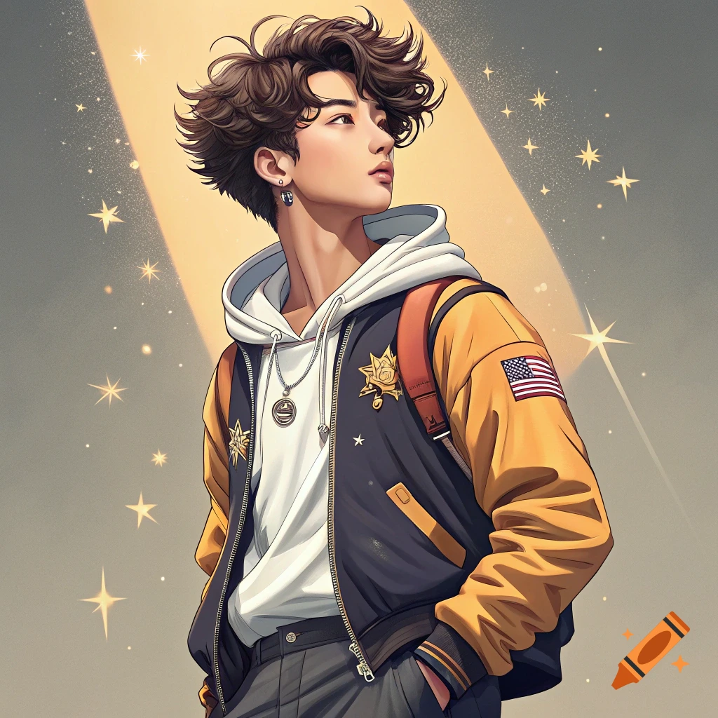 Illustration of a young man with curly hair wearing a varsity jacket, hoodie, and backpack, looking up, in an anime-like style.
