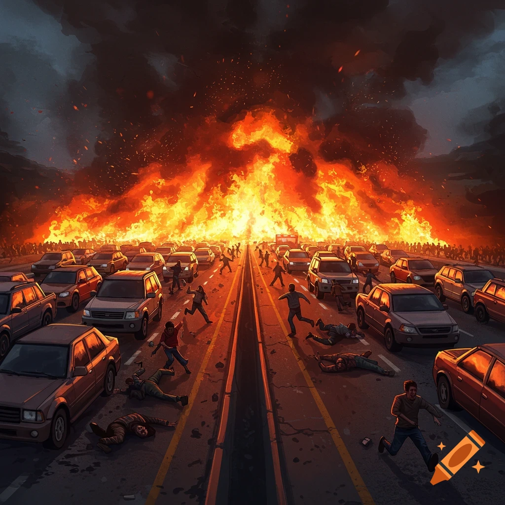 Highway fire with cars and panicked people running away