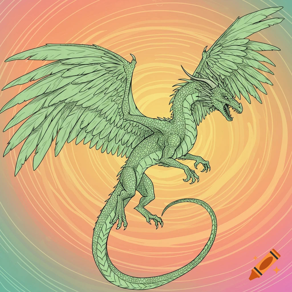 Line art of a green dragon with feathered wings flying against a swirling orange and pink background.