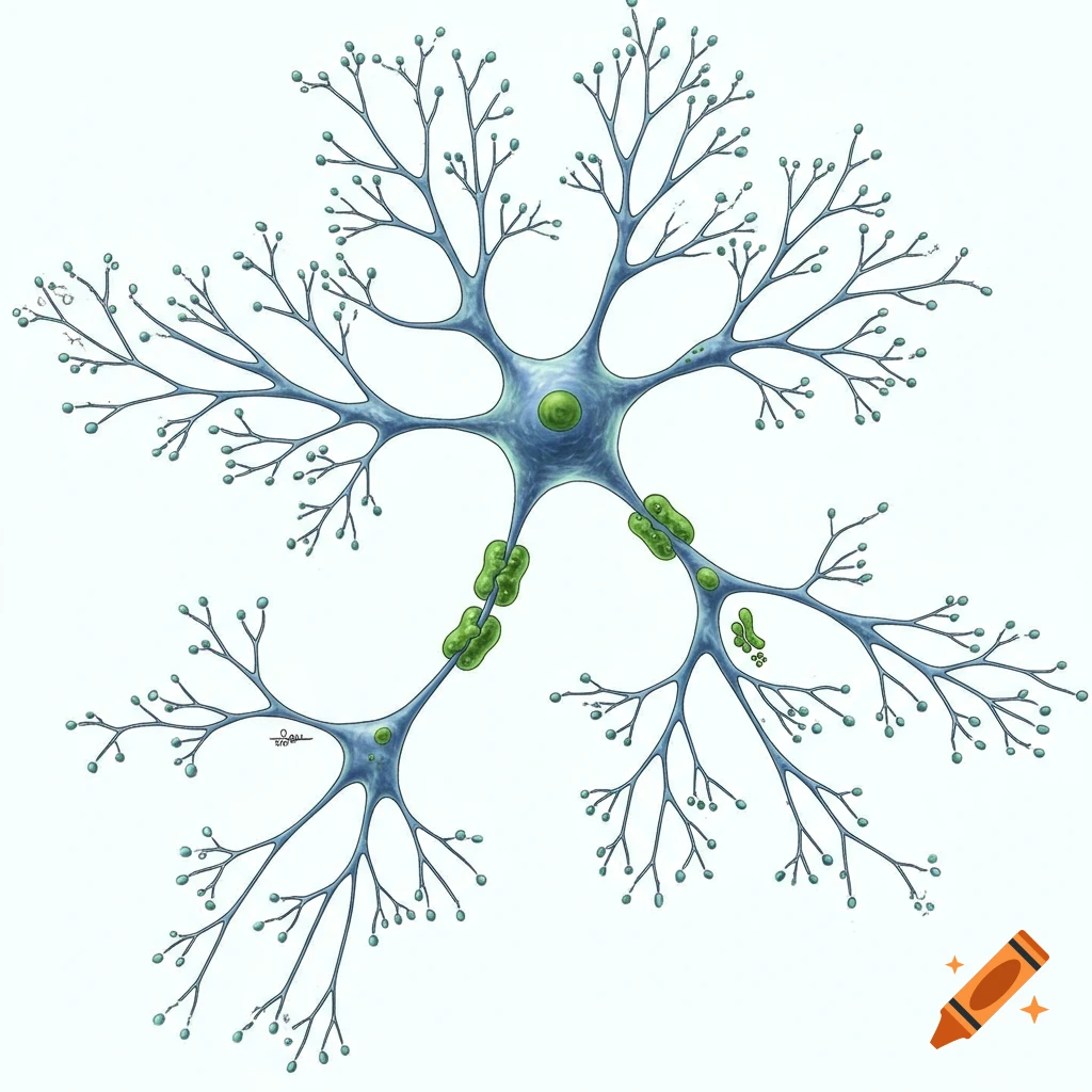Illustration of a neuron diagram with many branching dendrites.