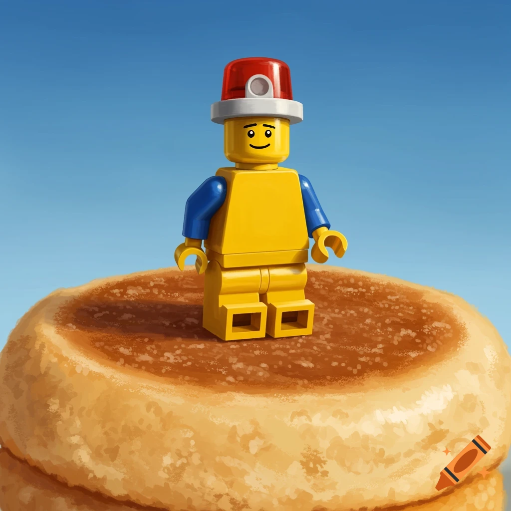 Lego minifigure with red siren hat stands on an English muffin