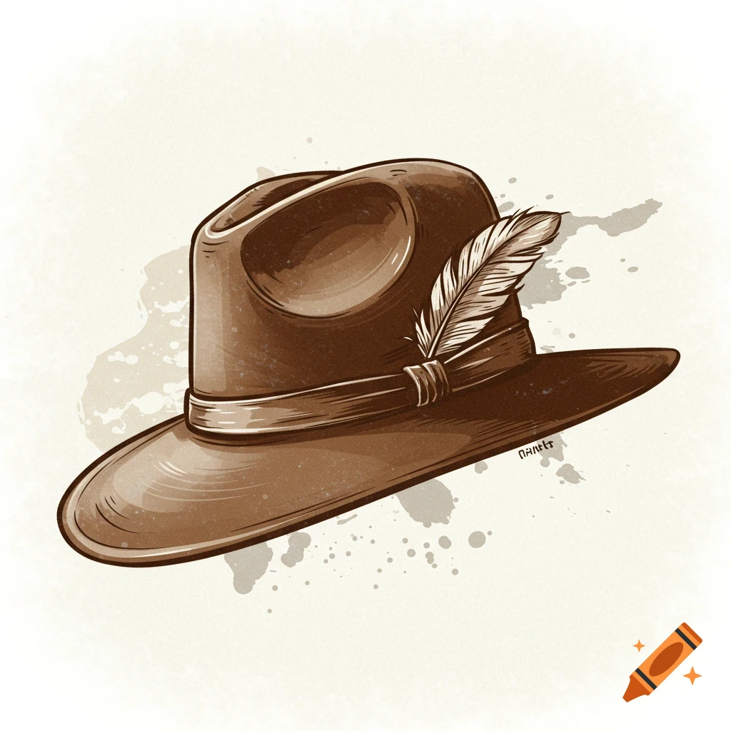 A brown hat with a feather and splatter effects