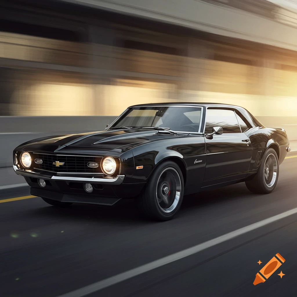 A black 1969 Chevrolet Camaro drives on a highway with motion blur.