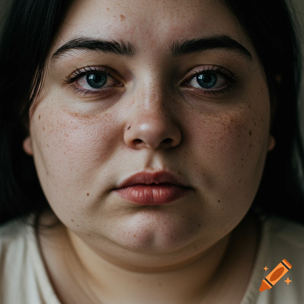 Close-up photorealistic portrait of a woman's face with freckles and eye bags.