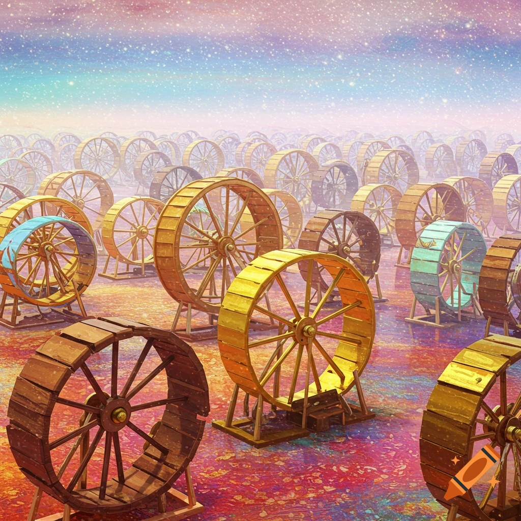 A surreal field filled with a vast army of hamster wheels under a colorful, starry sky.