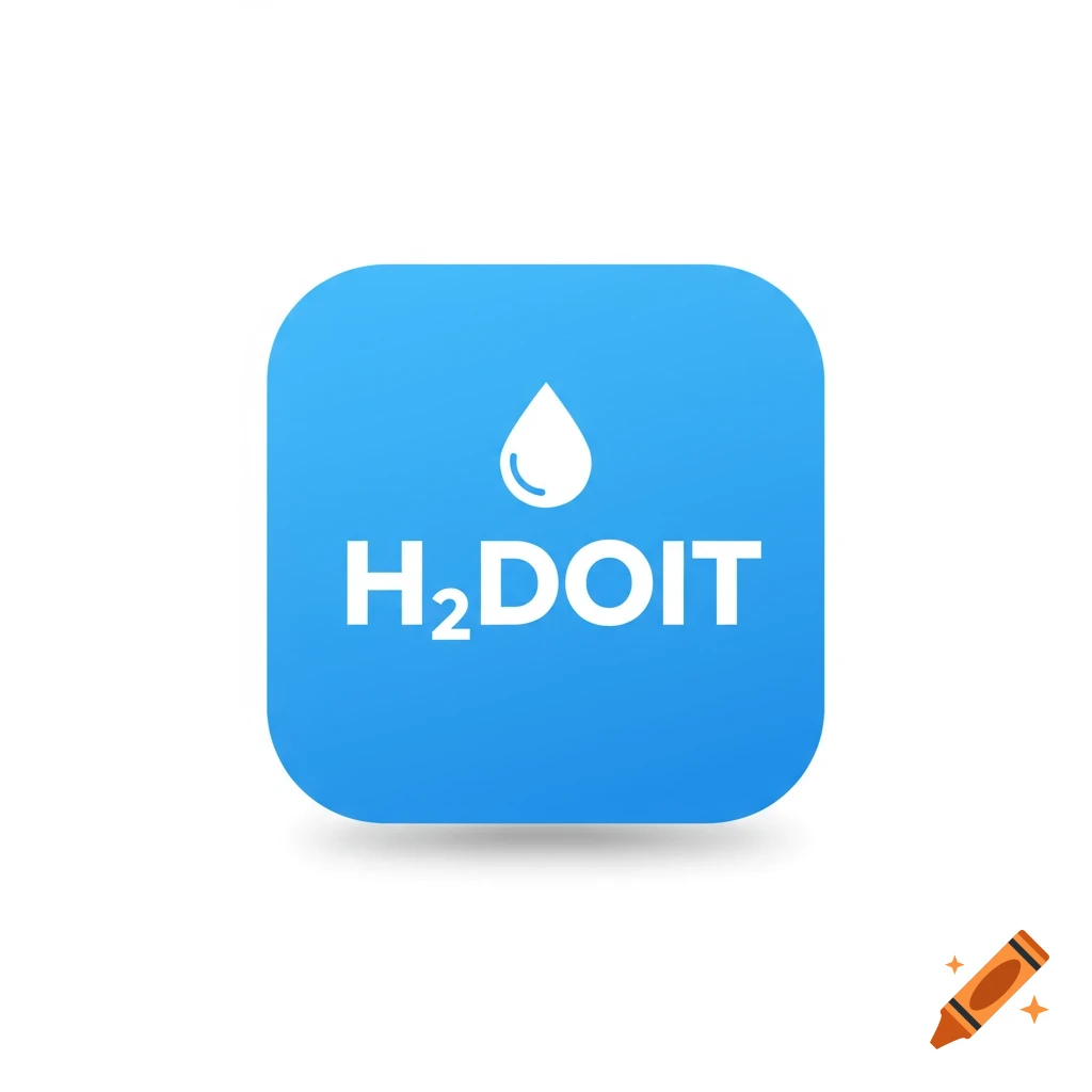 Blue app icon with white water drop and text H₂DOIT