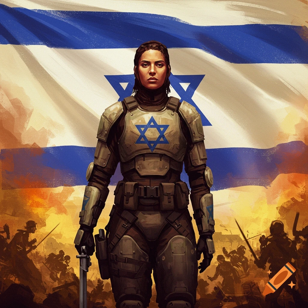 A woman in futuristic armor stands on a battlefield with an Israeli flag in the background.