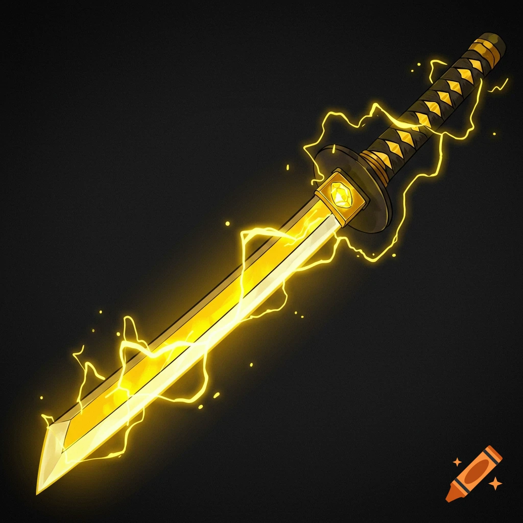 A yellow katana sword with lightning around it on a black background.