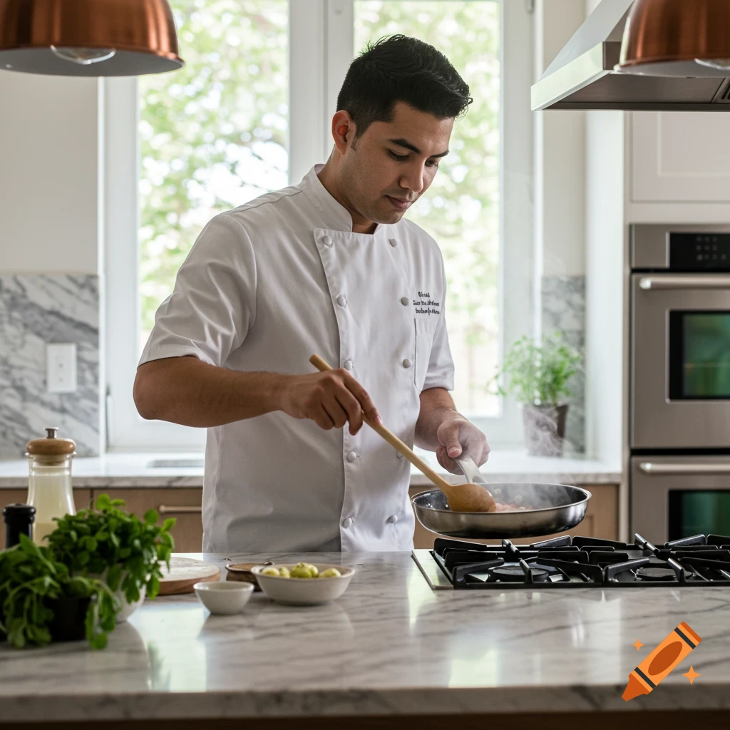 A man dressed as a chef cooks in a bright kitchen.