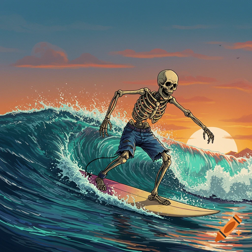A skeleton surfs a large wave at sunset.