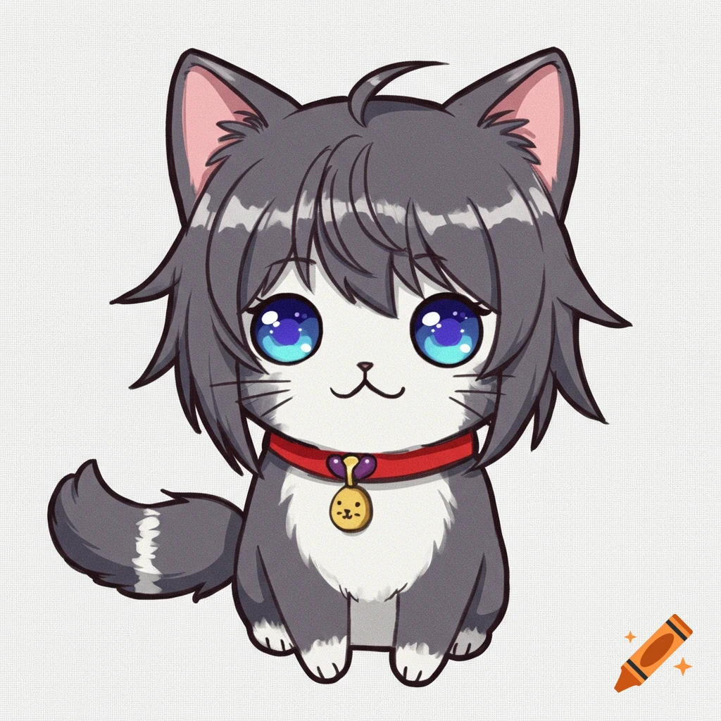 An anime illustration of a cute grey and white cat with large blue eyes, wearing a red collar with a tag.