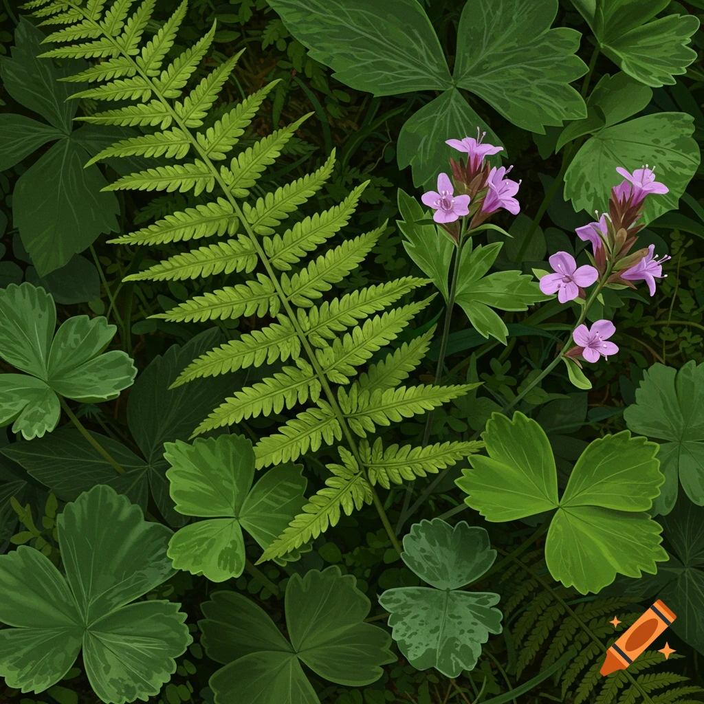 Digital illustration of green foliage including a fern, clover leaves, and purple flowers.
