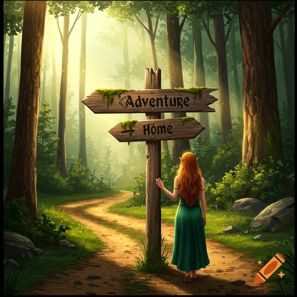 A woman in a green dress stands facing a signpost pointing to Adventure and Home in a sunlit forest.