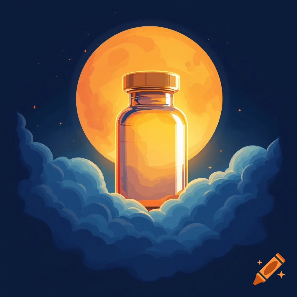 A pill bottle floats on clouds under a large full moon.