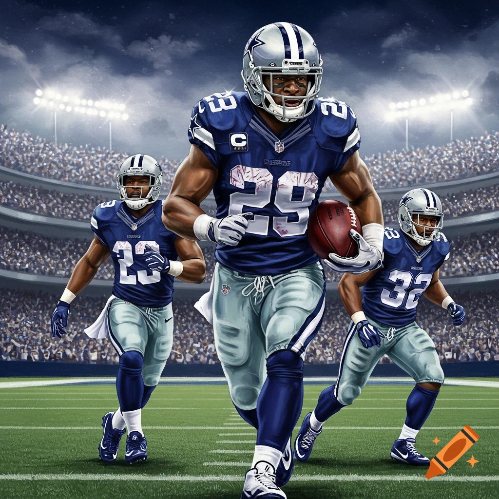 Three American football players in Dallas Cowboys uniforms are running on a field in a stadium.