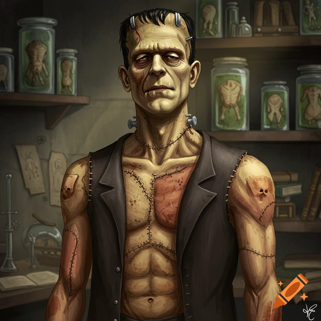 Frankenstein's monster standing in a lab with jars of specimens on shelves.