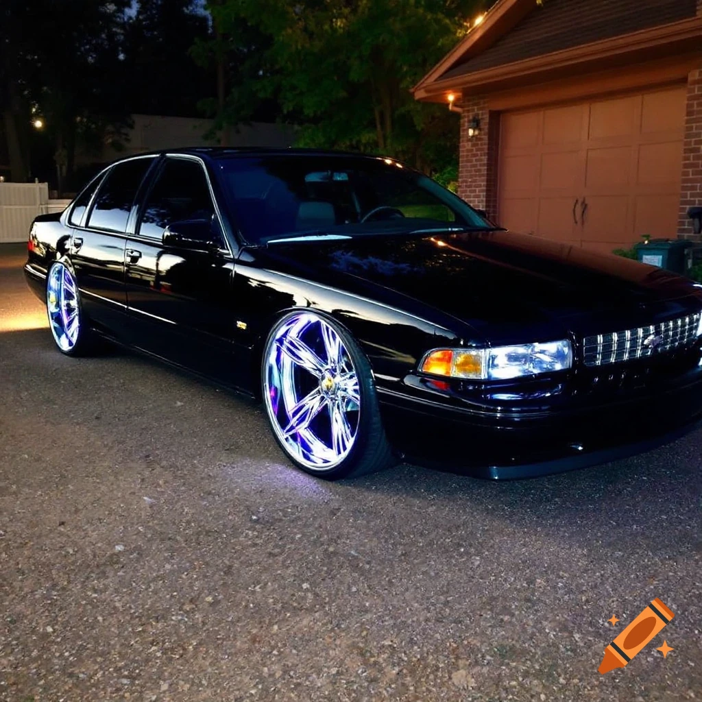Black classic Chevrolet Impala SS with large custom chrome rims parked at night.