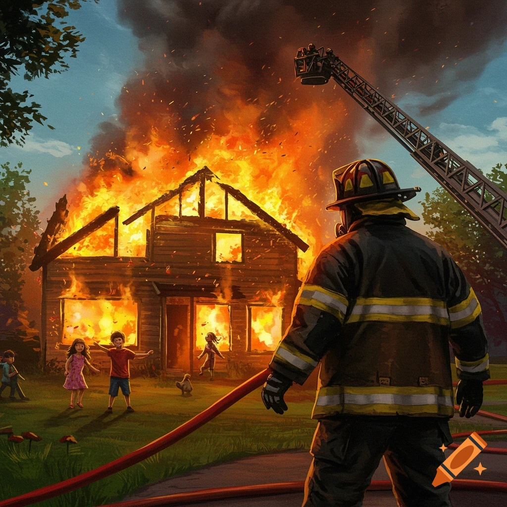A firefighter watches a burning house while children play nearby.