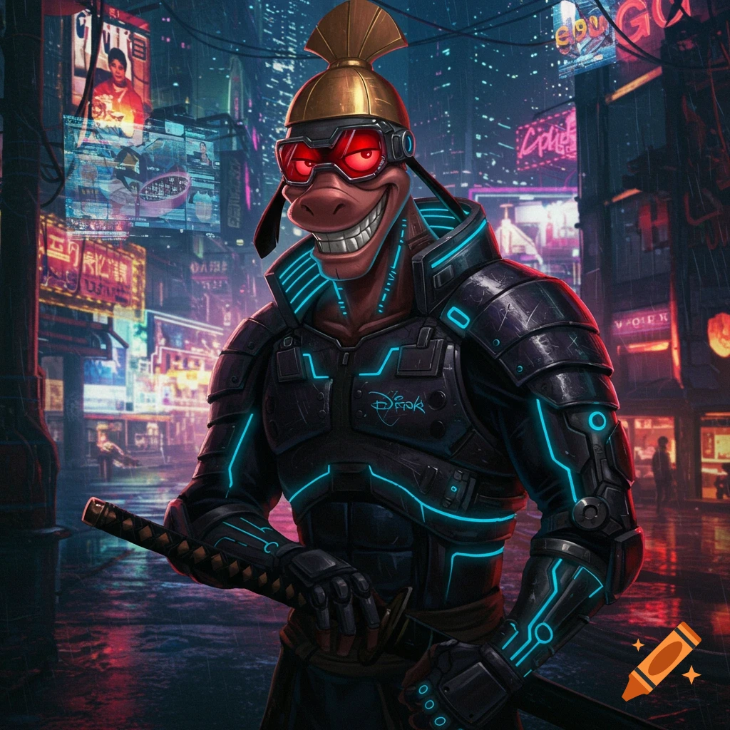 A cartoon character in cyberpunk samurai armor, goggles, and a sword stands in a rainy sci-fi city street.