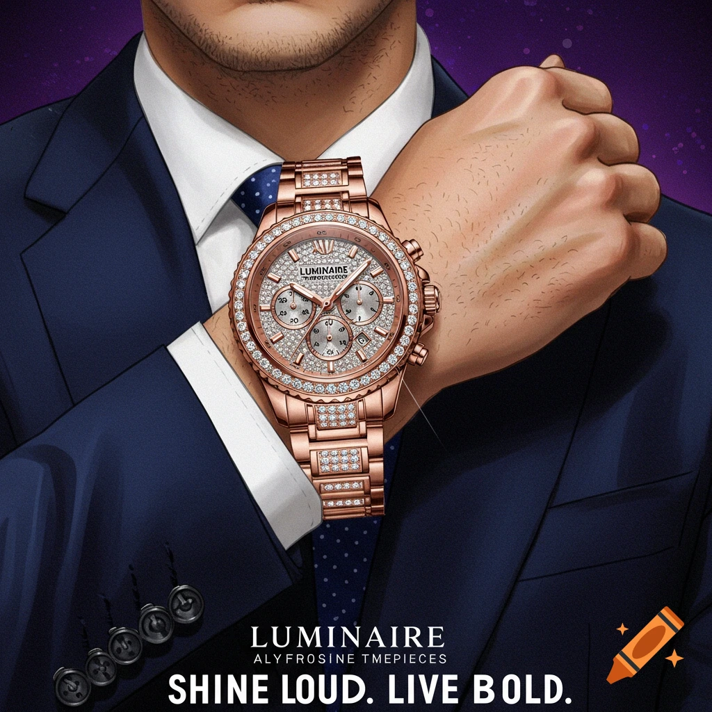 A man in a suit wearing a rose gold diamond-encrusted watch.
