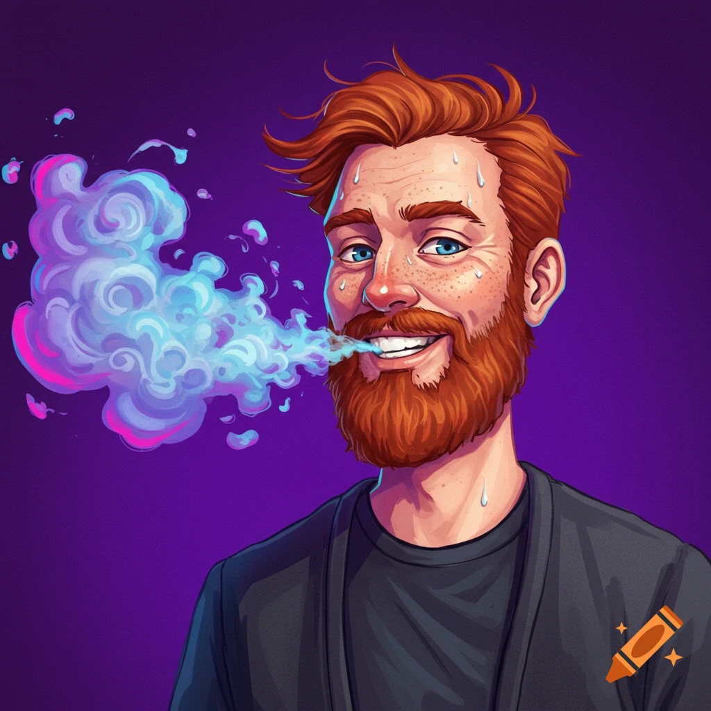A sweating redhead man with a beard exhaling colorful smoke.