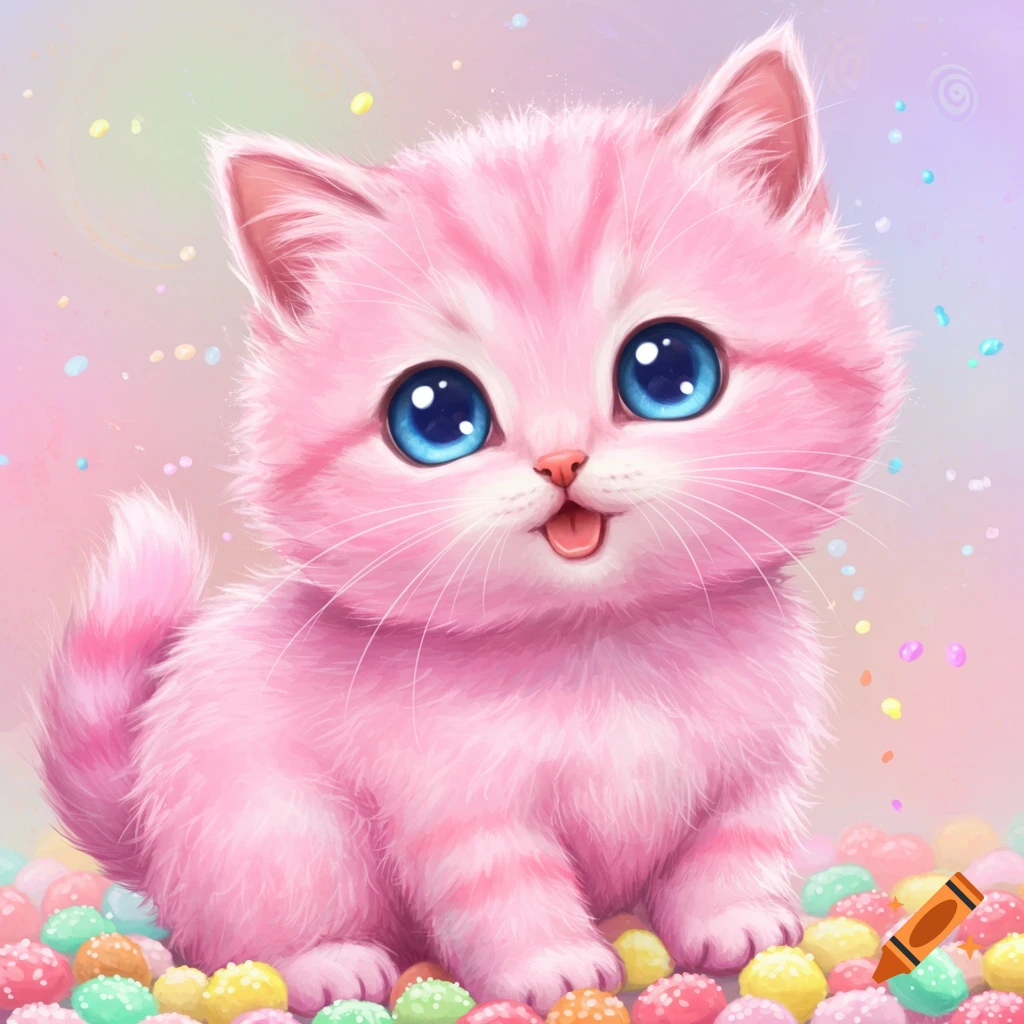 A cute pink kitten with big blue eyes sits on colorful candies.