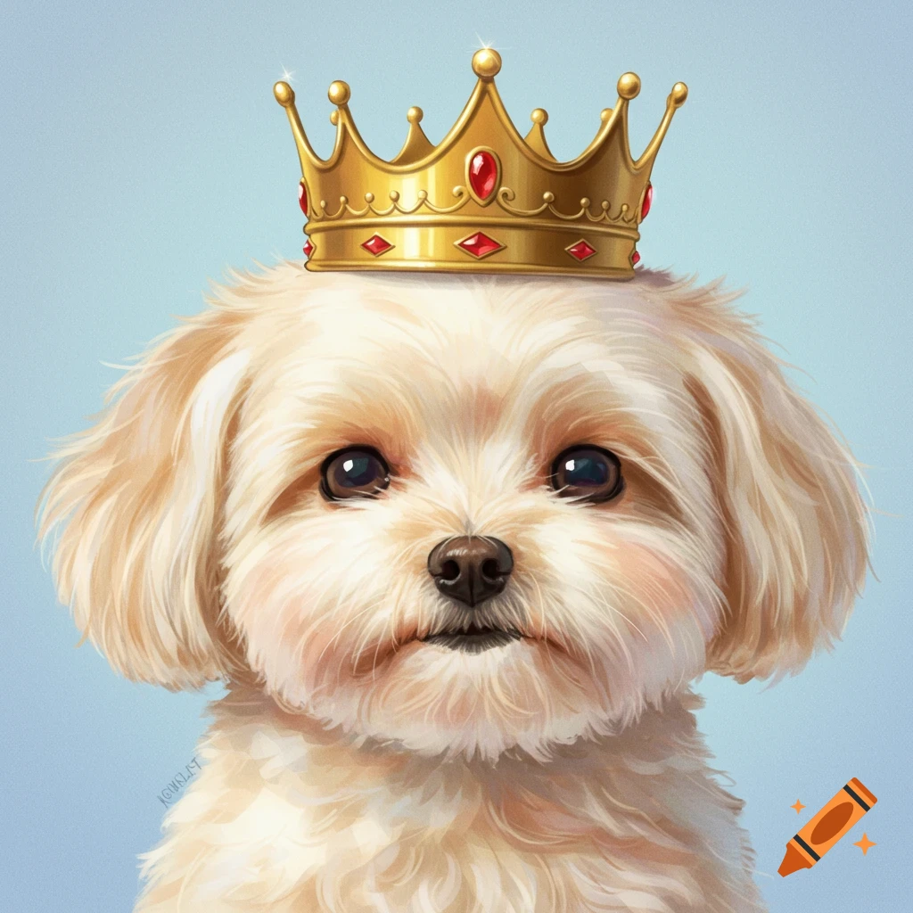 A fluffy dog wearing a golden crown