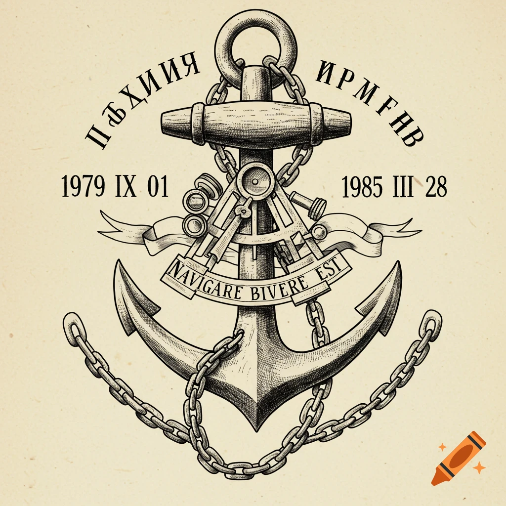 Black ink engraving of a maritime anchor, sextant, chain, banner with Latin text, dates, and Cyrillic text.