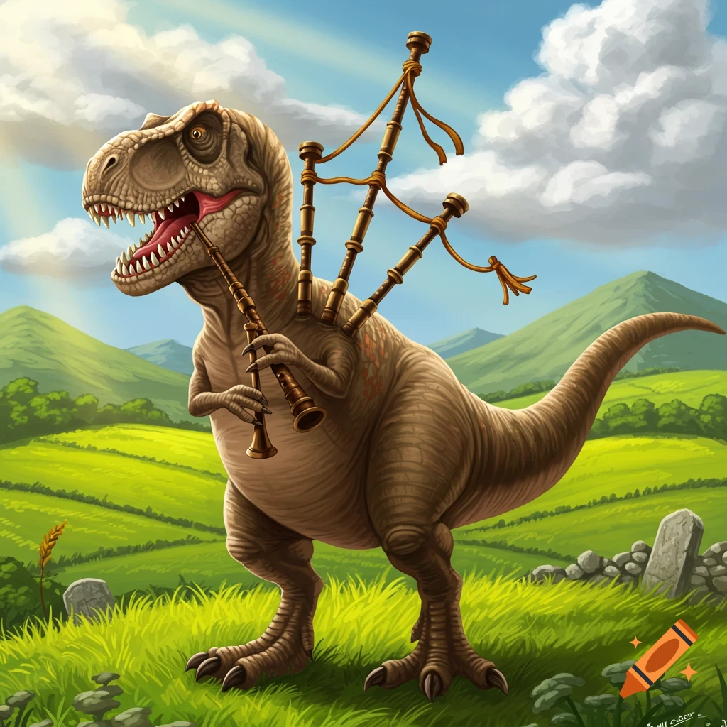A T-Rex dinosaur plays the bagpipes in a grassy, hilly landscape.