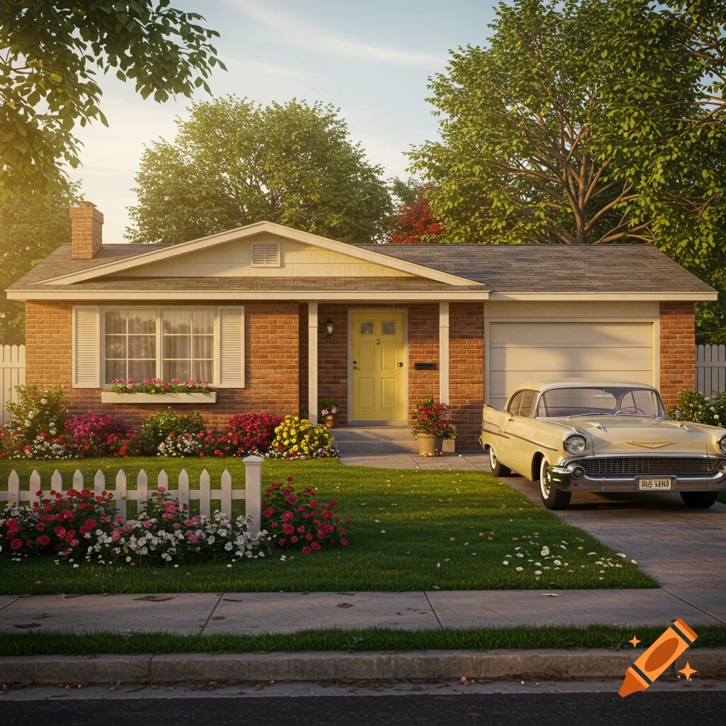 A realistic image of a 1950s house with a garden and a vintage car in the driveway.