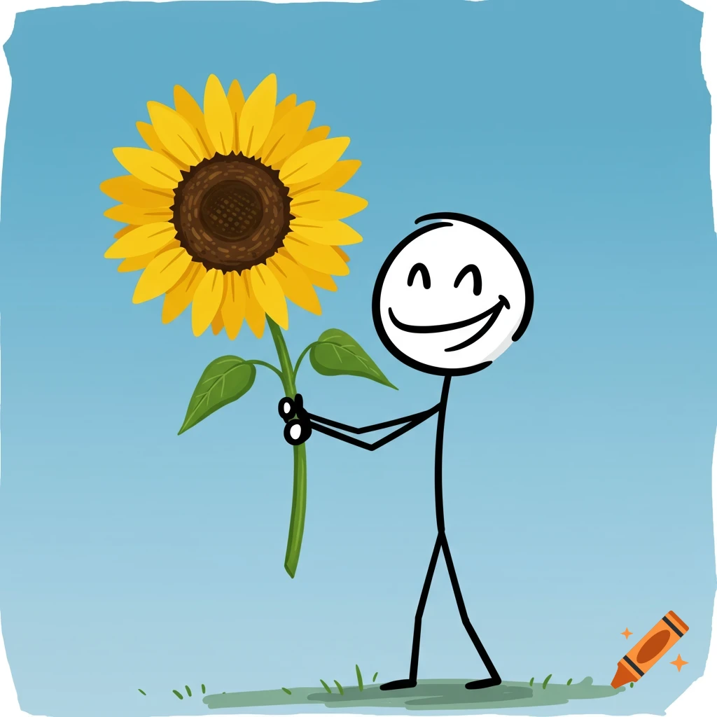 Stick figure holding a large sunflower illustration