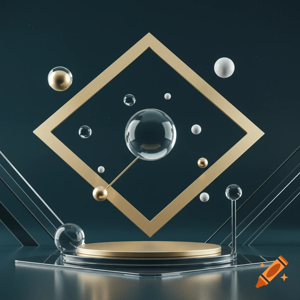 Abstract 3D render with gold frame, sphere, and podium on a reflective surface against a dark background.