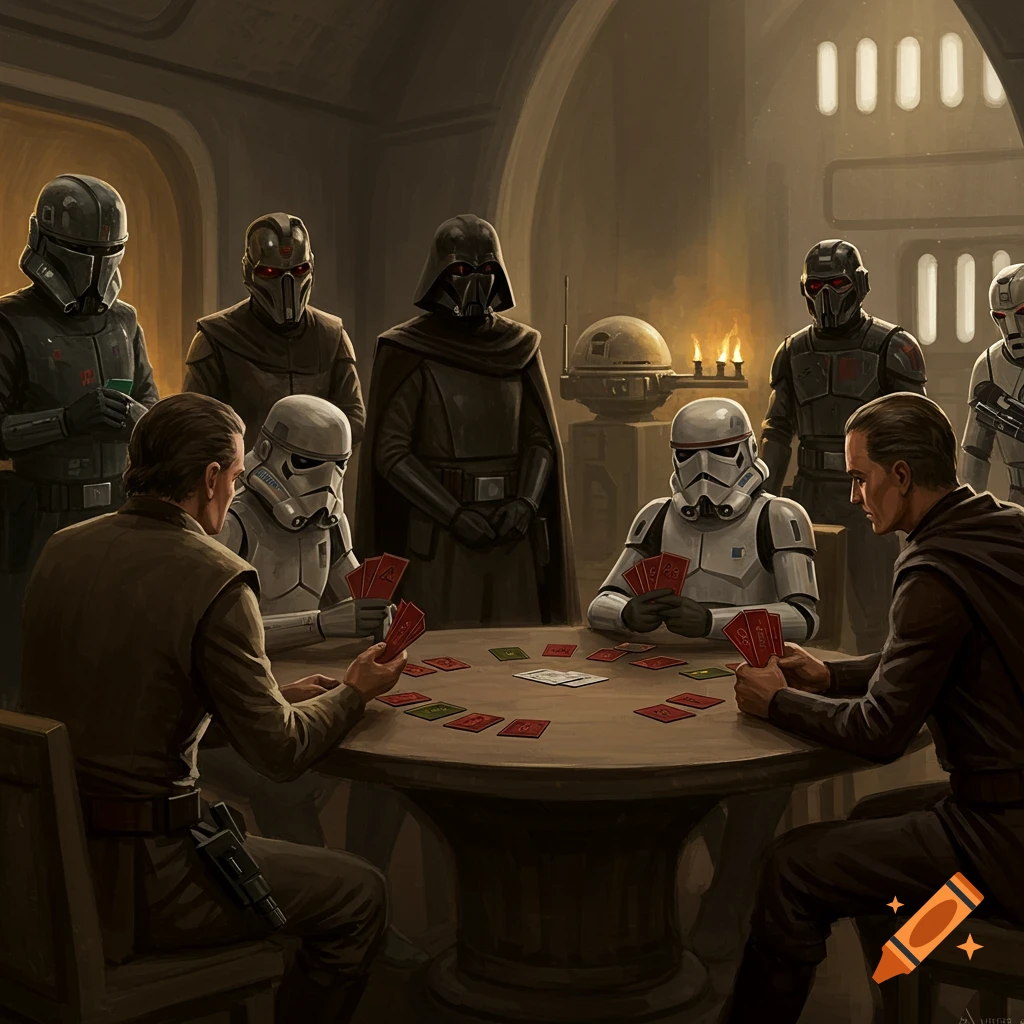 Star Wars characters, including Darth Vader and Stormtroopers, playing a card game at a table in a dimly lit room.