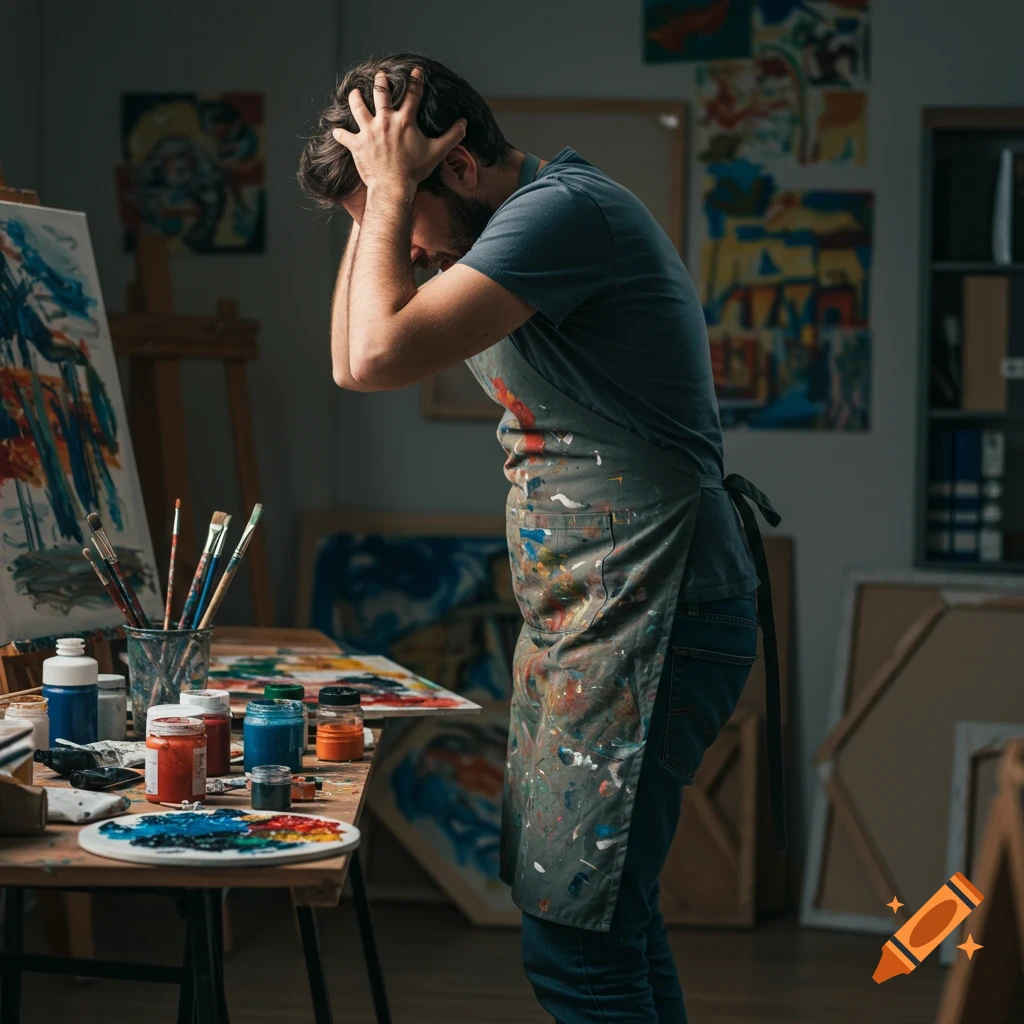 An artist in a studio stands facing their work, holding their head in stress. Paints and canvases surround them.