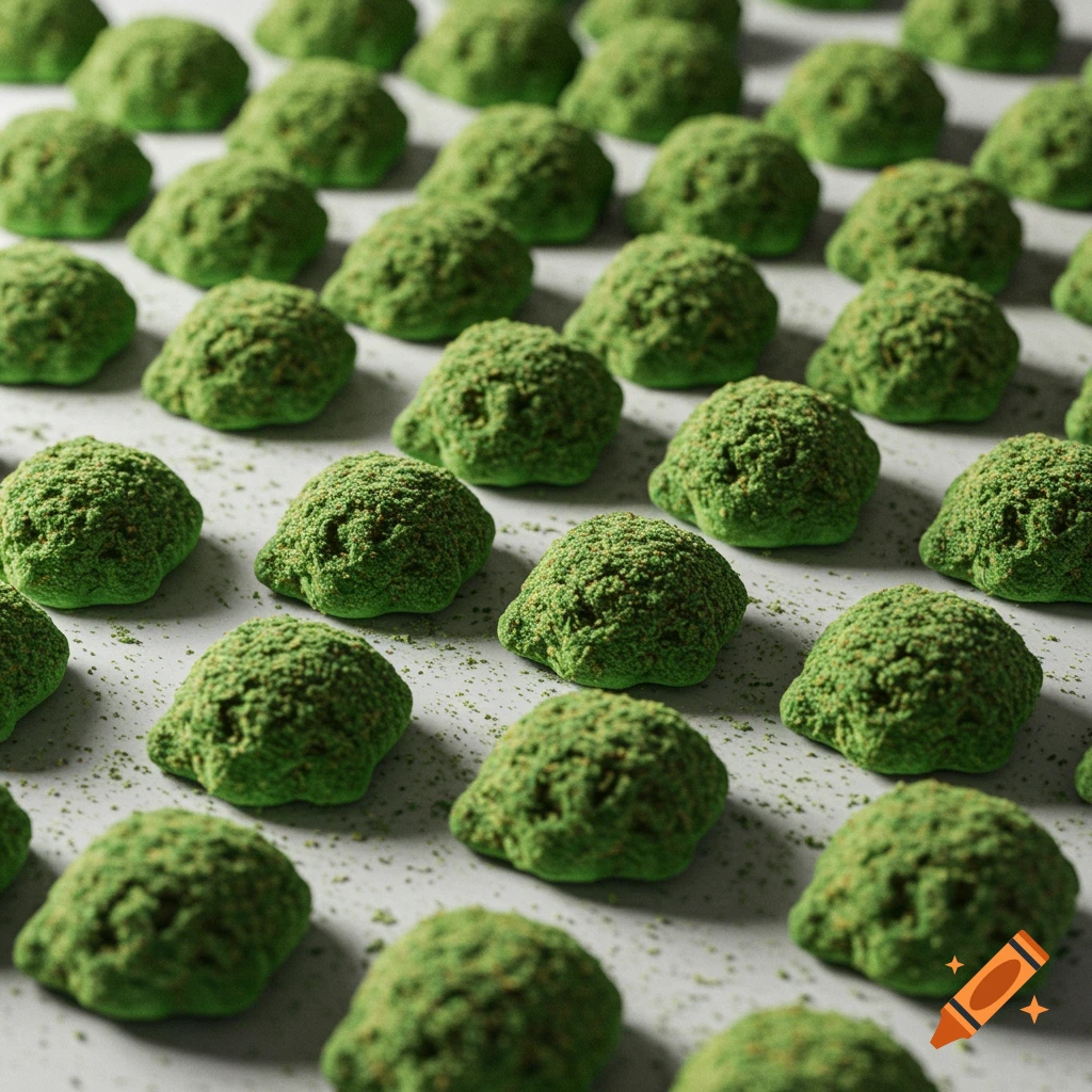 Rows of green textured dome-shaped candies on a light surface with scattered powder.