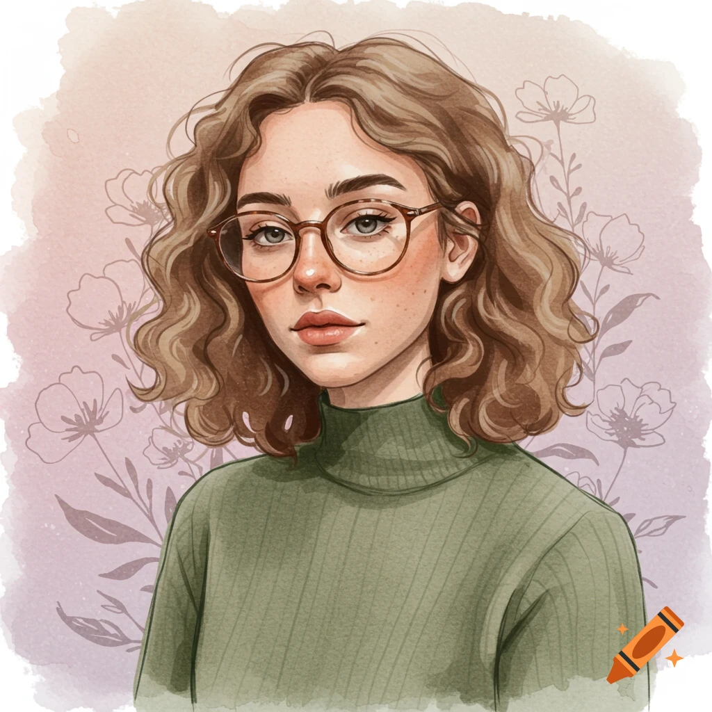 Watercolor portrait of a woman with curly brown hair and glasses wearing a green sweater, with a floral background.