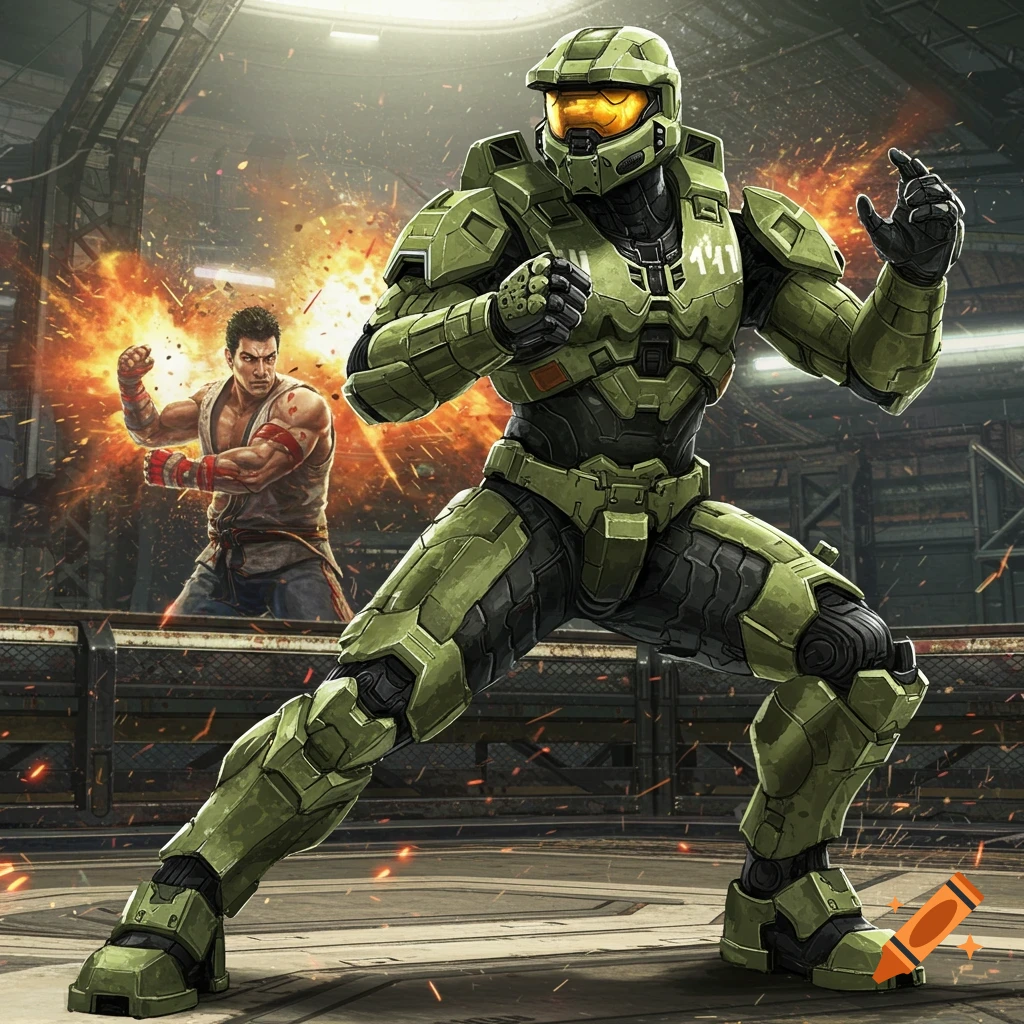 Master Chief in a fighting stance with another character in an arena behind him with explosions.