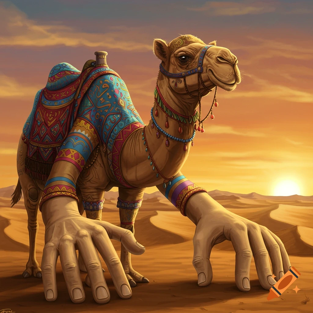A camel with human hands stands in a desert at sunset.