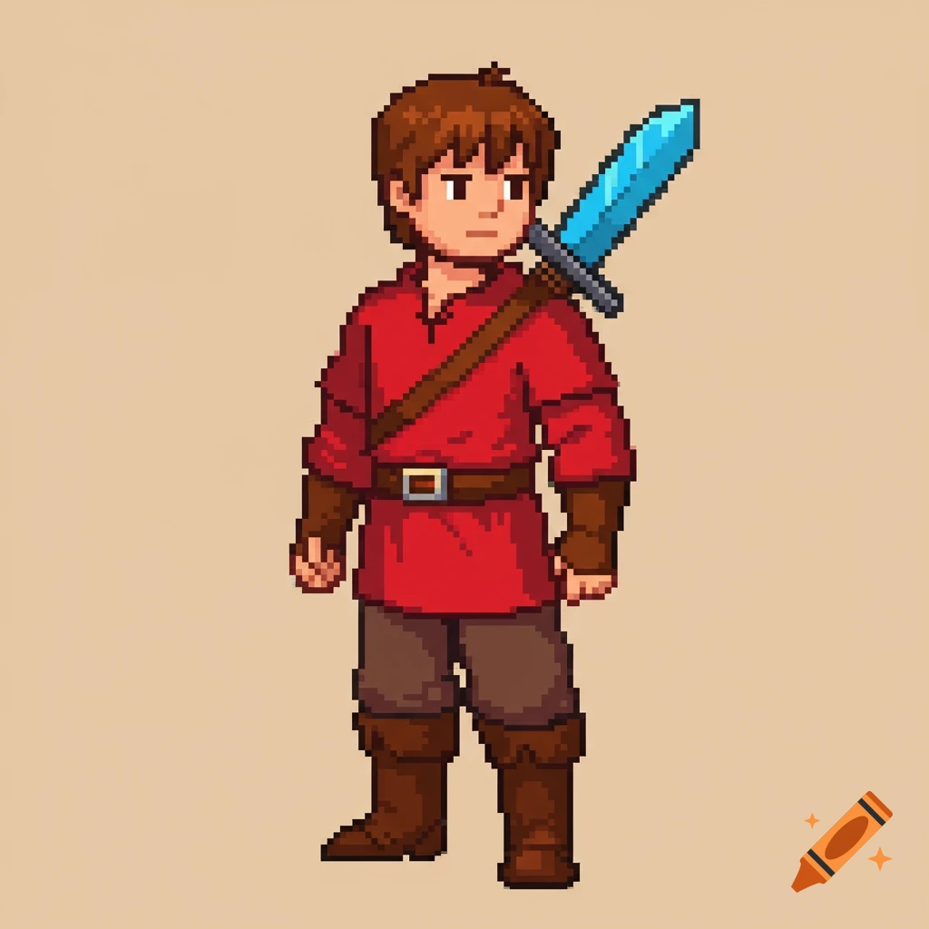 Pixel art adventurer boy with a sword on his back.