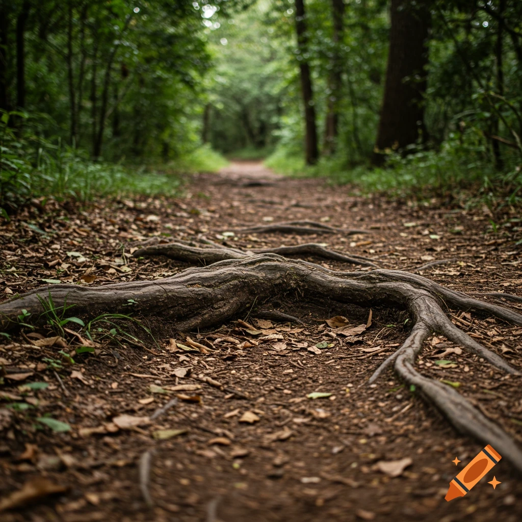 Close-up photo of tree roots on a forest trail covered in leaves.