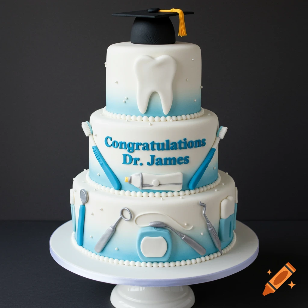 A three-tiered dental graduation cake with decorations like a tooth, toothbrushes, dental tools, and the text 'Congratulations Dr. James'.