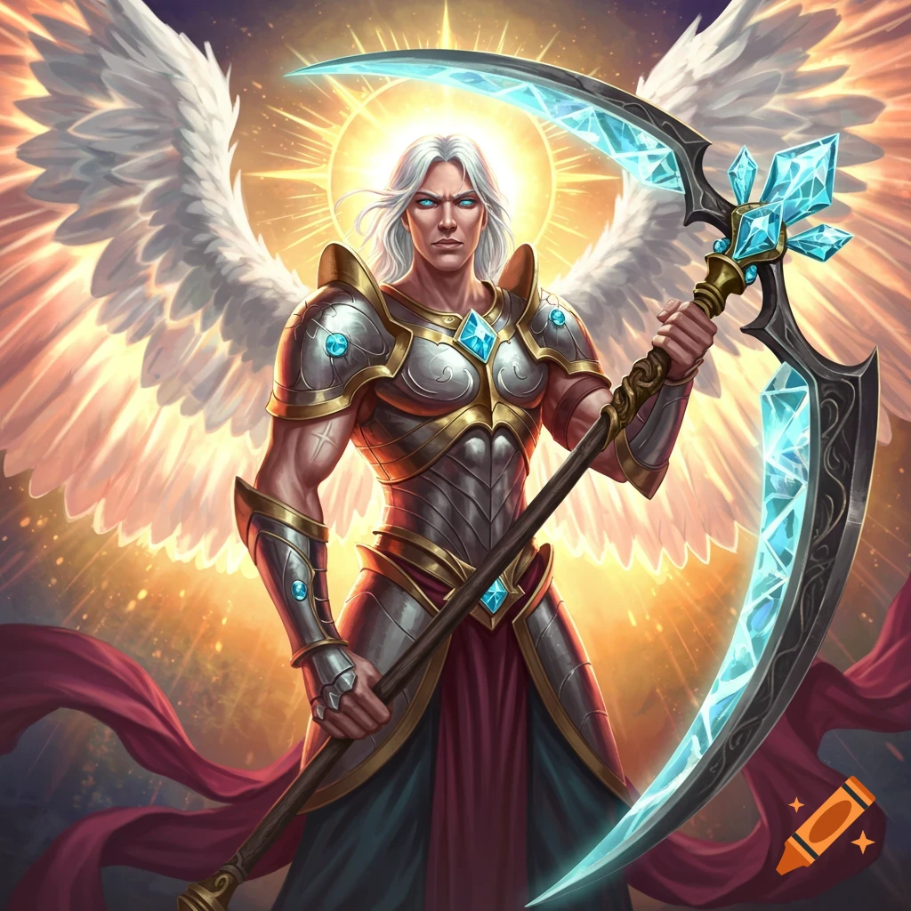An angel warrior with white hair and wings is holding a scythe with crystal blades.