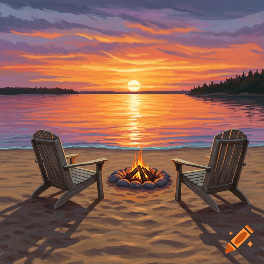 Two Adirondack chairs and a campfire on a beach at sunset.