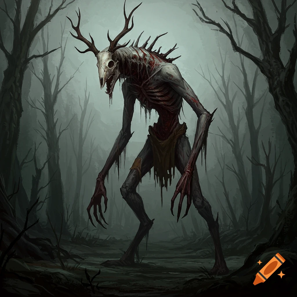 A gaunt, skeletal creature with a skull head and antlers, standing in a dark, misty forest.
