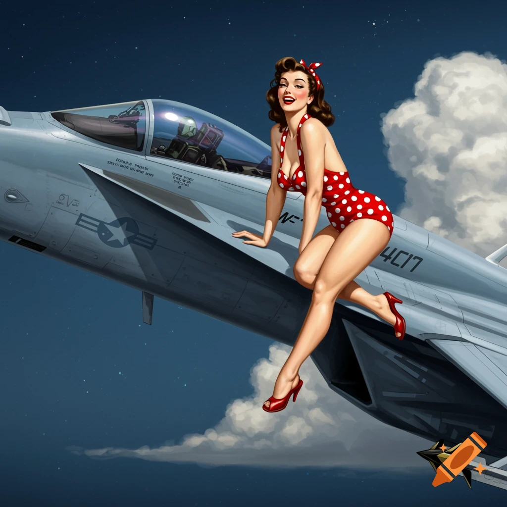 Pin-up style illustration of a woman in a red polka dot swimsuit perched on an F-18 fighter jet.