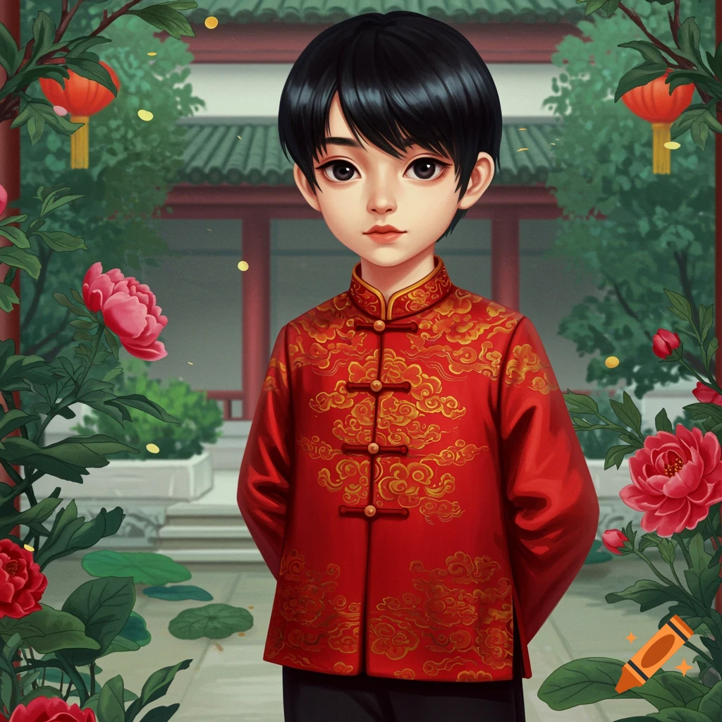 A young boy in a red and gold traditional Chinese tunic stands in a garden with red flowers and lanterns.