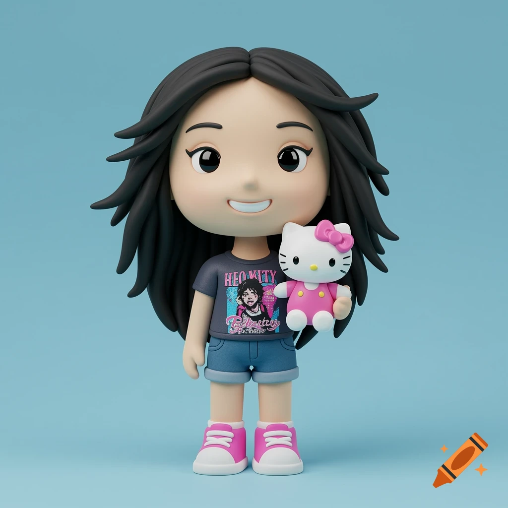 A 3D render of a bobblehead girl with dark hair, wearing a graphic t-shirt and denim shorts, holding a Hello Kitty figure against a blue background.