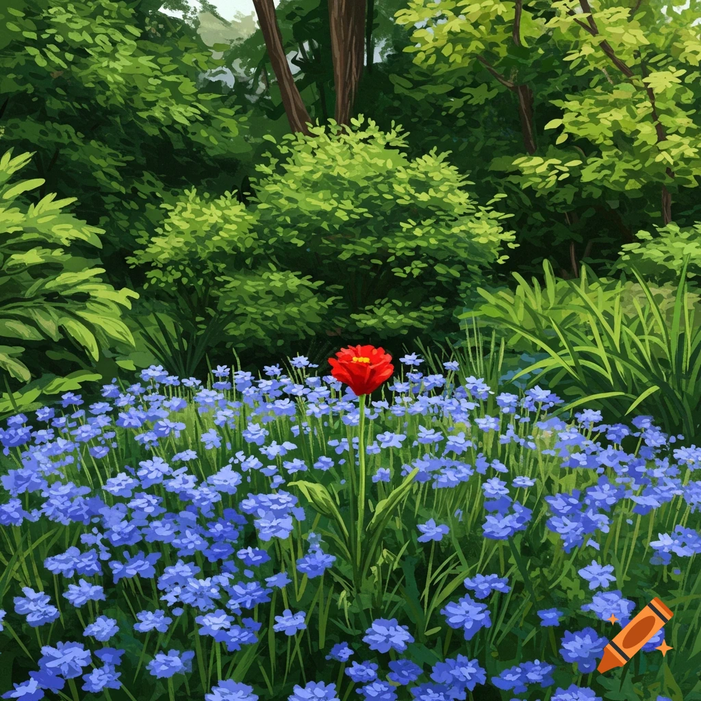 A bright red flower stands out in a patch of blue flowers in a vibrant depiction of a garden.