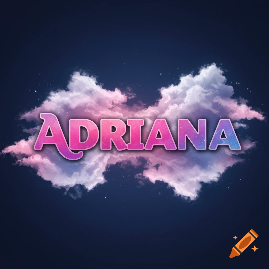 The name Adriana in stylized pink and purple letters over colorful clouds against a starry sky.
