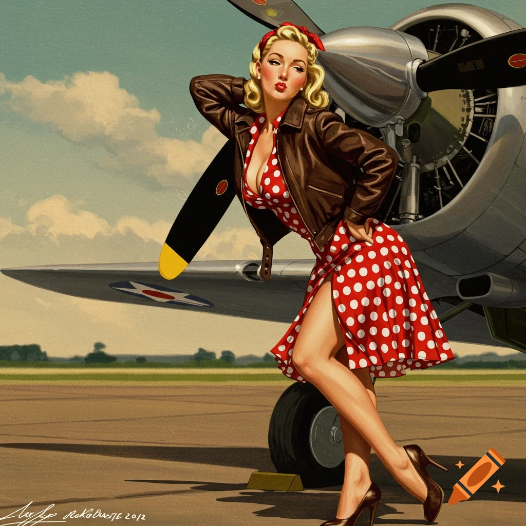 Vintage pin up art of a woman next to an airplane propeller.